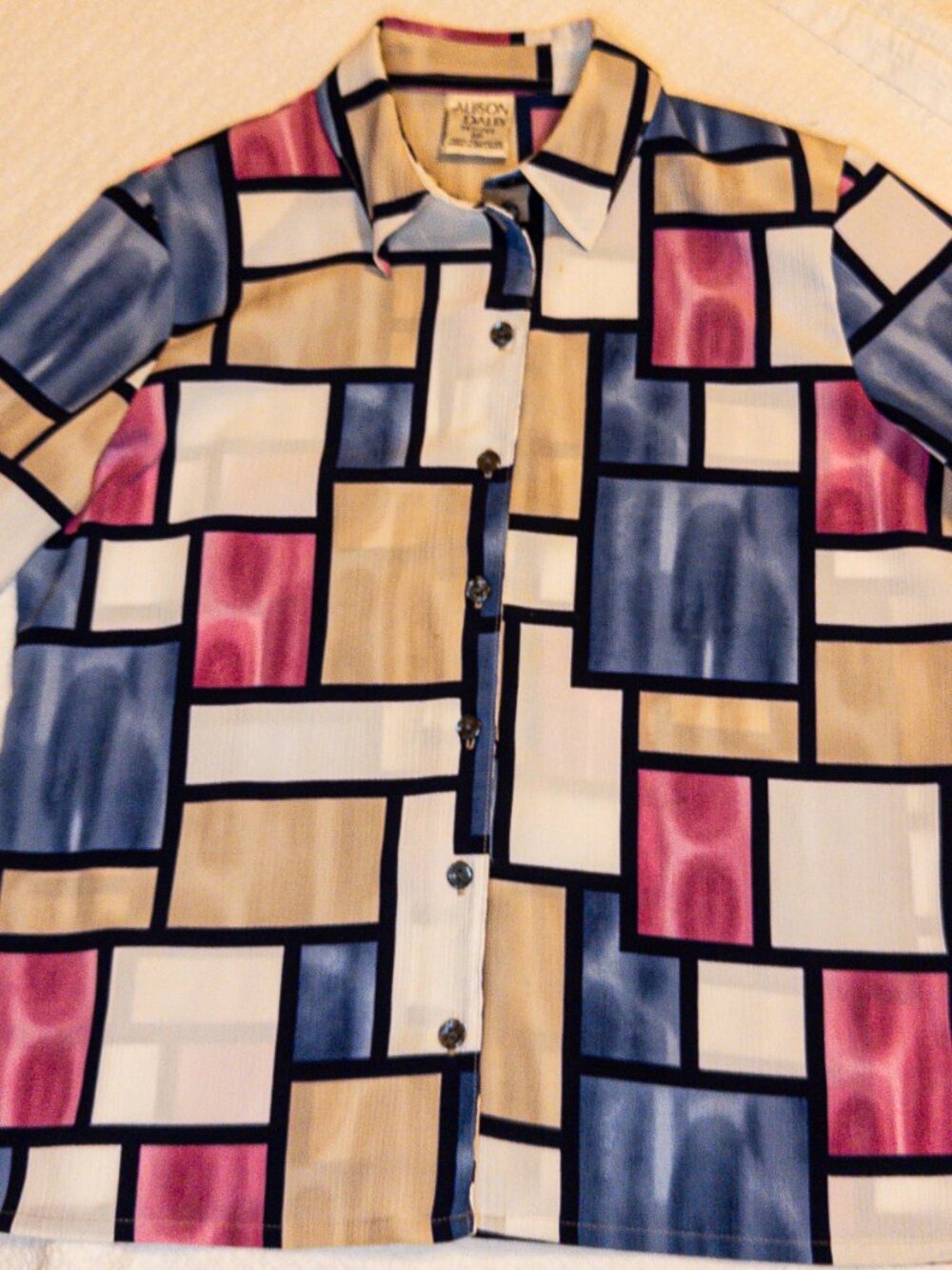 Vintage Alison Daley Geometric Colorblock Button Down Blouse